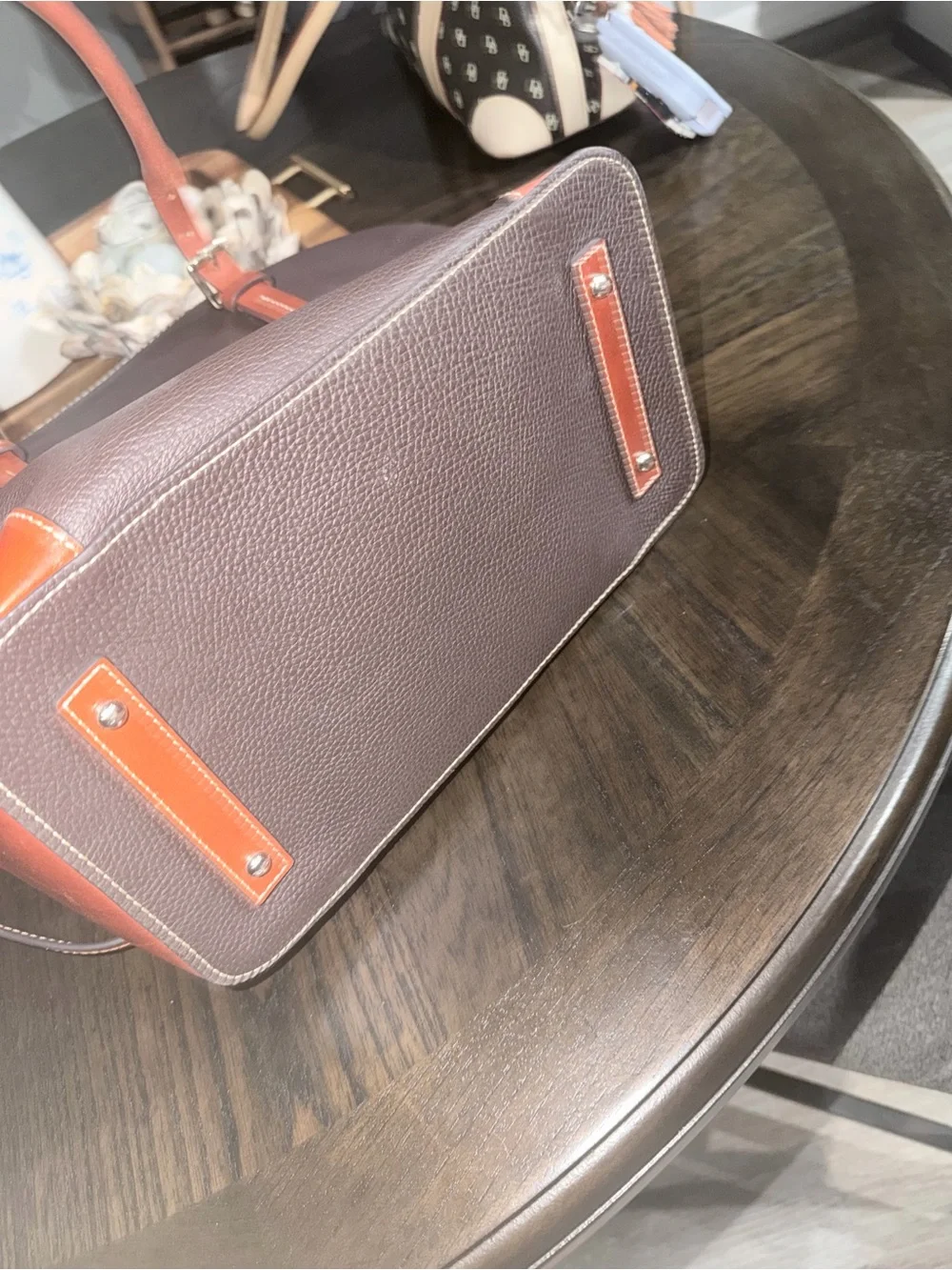 Dooney & Bourke Dark Brown Pebbled Leather Satchel with Tan Accents - Picture 3 of 6